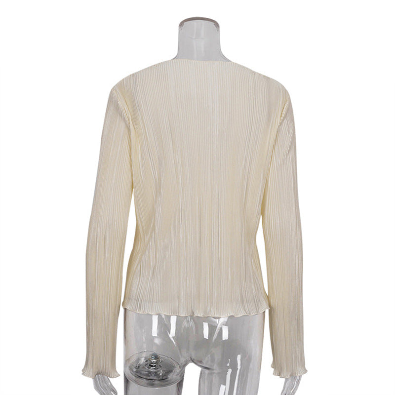 European and American Ins Style 2026 New Summer Sexy Hot Girl Top Slim-fit Horn Long-sleeved Pleated Shirt Women's French Style