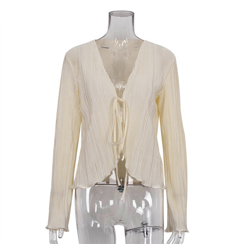 European and American Ins Style 2026 New Summer Sexy Hot Girl Top Slim-fit Horn Long-sleeved Pleated Shirt Women's French Style