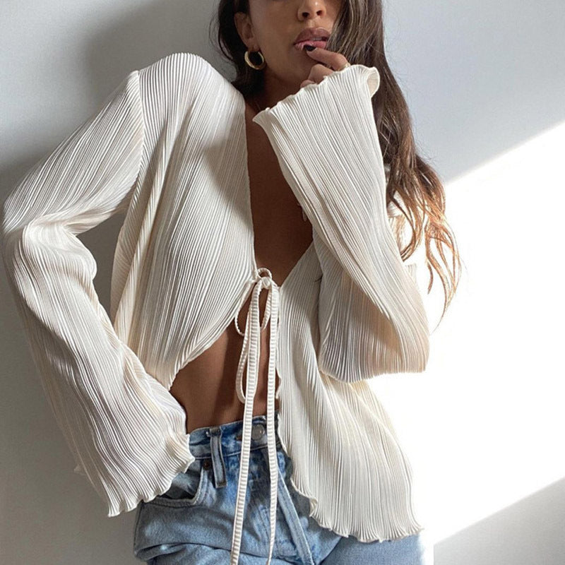 European and American Ins Style 2026 New Summer Sexy Hot Girl Top Slim-fit Horn Long-sleeved Pleated Shirt Women's French Style