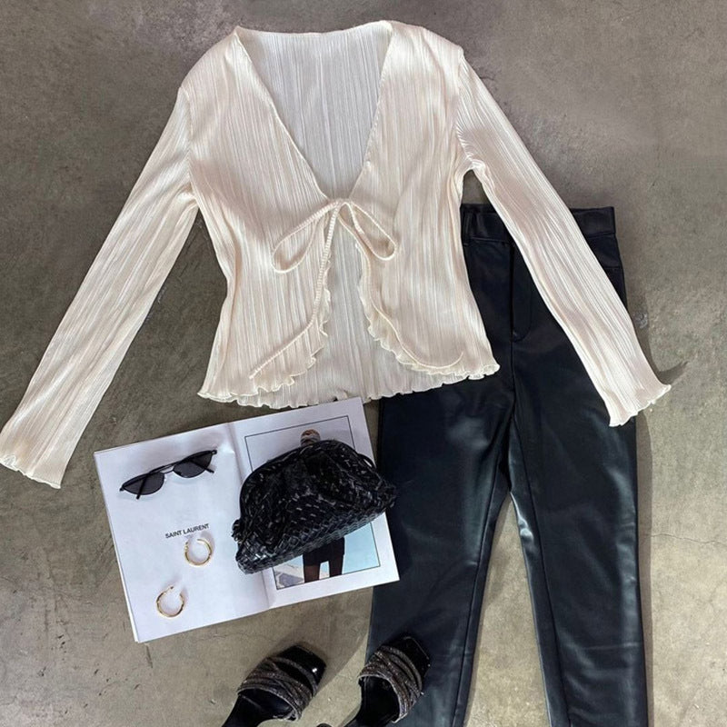 European and American Ins Style 2026 New Summer Sexy Hot Girl Top Slim-fit Horn Long-sleeved Pleated Shirt Women's French Style