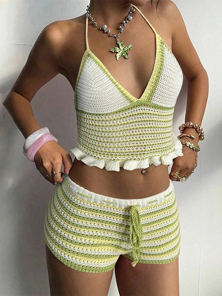 Color Block Crochet Halter Top Shorts Set Cropped Sleeveless 2026 Summer Beach Women Knit Co-ord Chic Sweet Lady Vacation Outfit