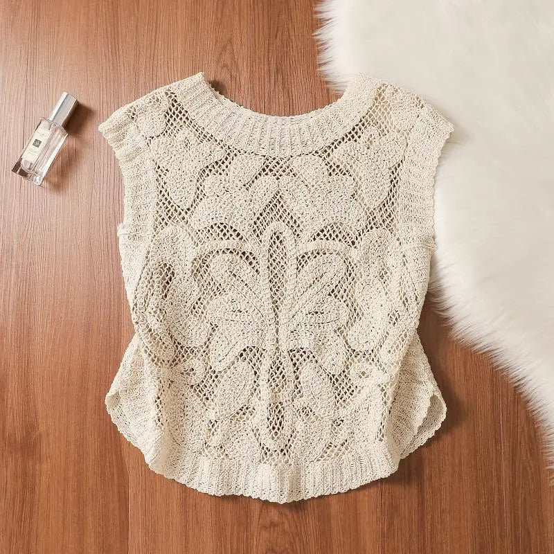Design Sensation Hollow out Knitted Vest Women's Short Sleeveless Top Summer Inner Wear Outer Wear Pure Desire Spicy Girl