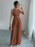 2026 Women's Sleeveless Vest Wide Leg Pants Set Chic Office Wear Two-Piece Smart Casual Round Neck Trousers Suit