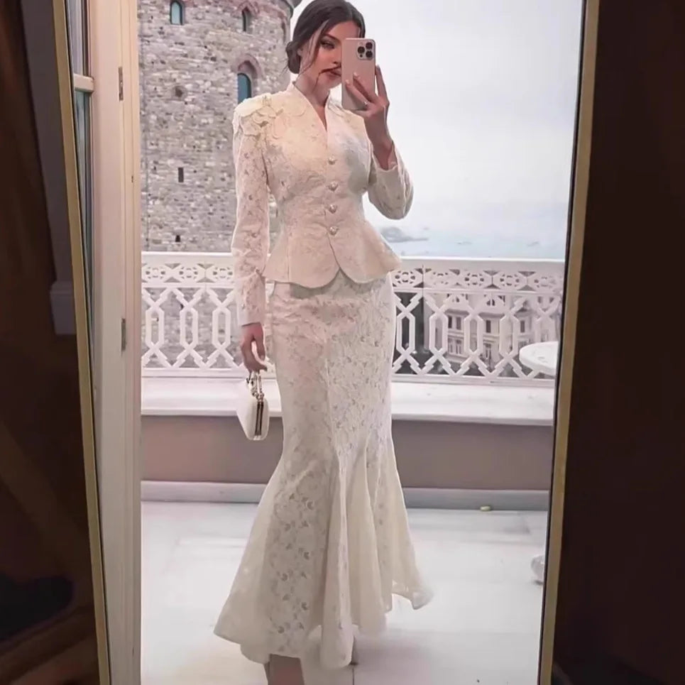 Women Two Piece Sets Skirt Set Full Sleeve V Neck Single Breasted Tops Fishtail Skirts A Line High Waist Elegant Work Vintage