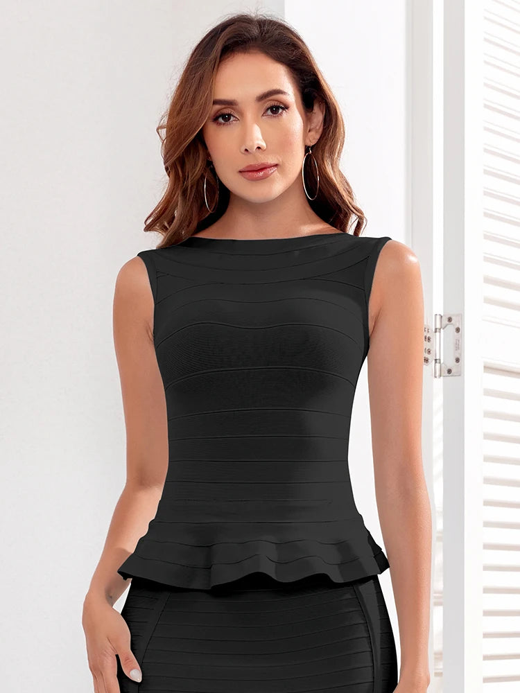 BEAUKEY High Quality Office Lady Black Bandage Camis Ruffles Women Tank Crop Tops Luxury Tight Knitted Vest Dropshipping