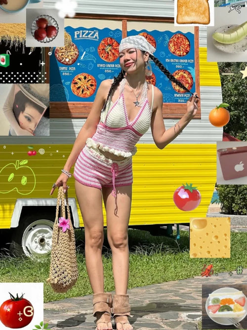 Color Block Crochet Halter Top Shorts Set Cropped Sleeveless 2026 Summer Beach Women Knit Co-ord Chic Sweet Lady Vacation Outfit