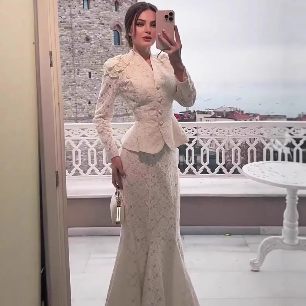 Women Two Piece Sets Skirt Set Full Sleeve V Neck Single Breasted Tops Fishtail Skirts A Line High Waist Elegant Work Vintage