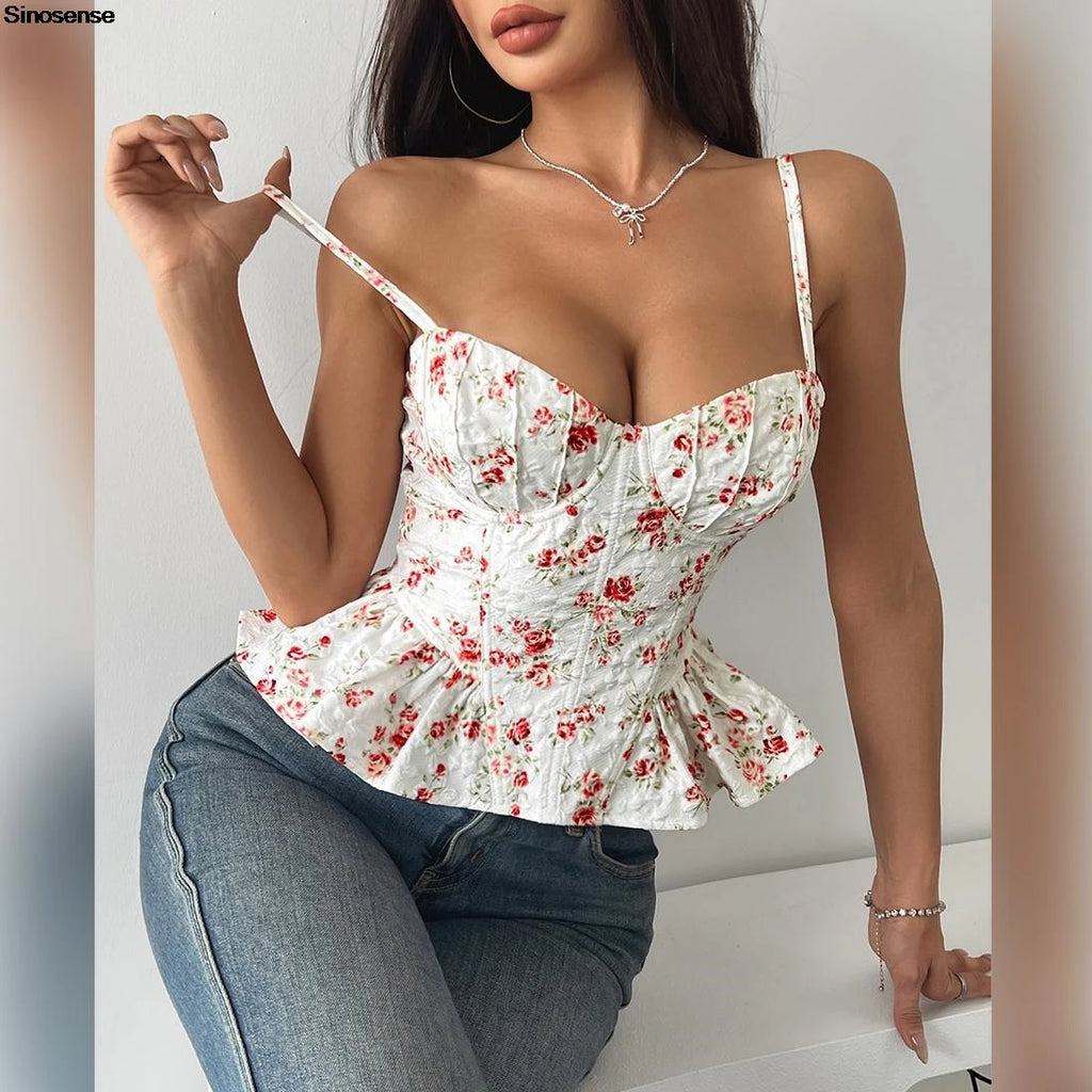 Women Floral Summer Corset Top Sexy Backless Lace Up Asymmetrical Ruffle Hem Bustier Cami Y2K Date Night Out Club Party Tops