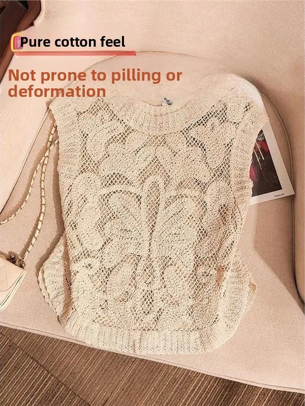 Design Sensation Hollow out Knitted Vest Women's Short Sleeveless Top Summer Inner Wear Outer Wear Pure Desire Spicy Girl