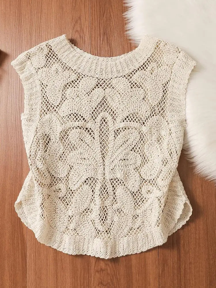 Design Sensation Hollow out Knitted Vest Women's Short Sleeveless Top Summer Inner Wear Outer Wear Pure Desire Spicy Girl