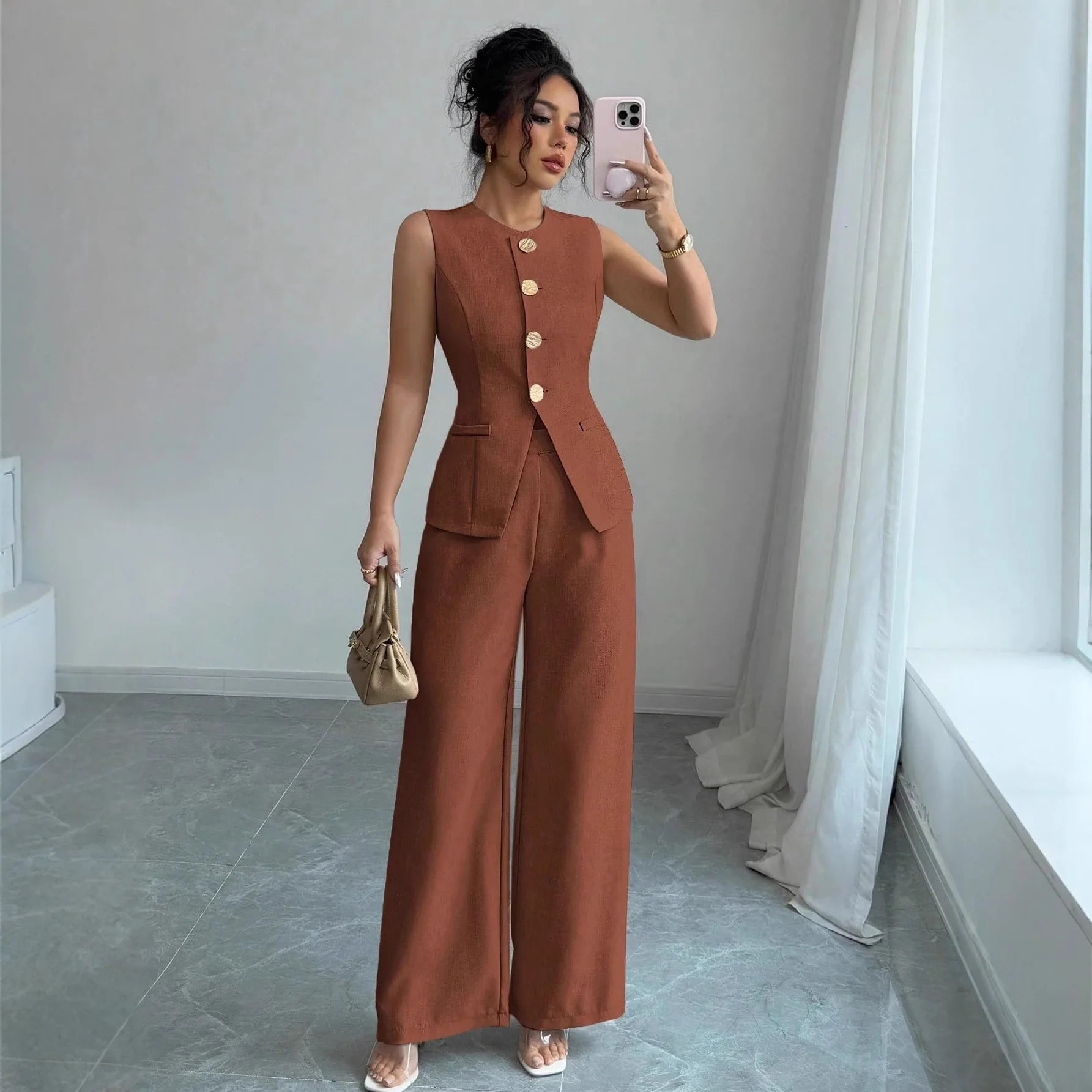 2026 Women's Sleeveless Vest Wide Leg Pants Set Chic Office Wear Two-Piece Smart Casual Round Neck Trousers Suit