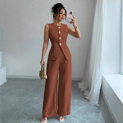 2026 Women's Sleeveless Vest Wide Leg Pants Set Chic Office Wear Two-Piece Smart Casual Round Neck Trousers Suit