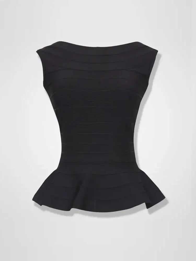 BEAUKEY High Quality Office Lady Black Bandage Camis Ruffles Women Tank Crop Tops Luxury Tight Knitted Vest Dropshipping
