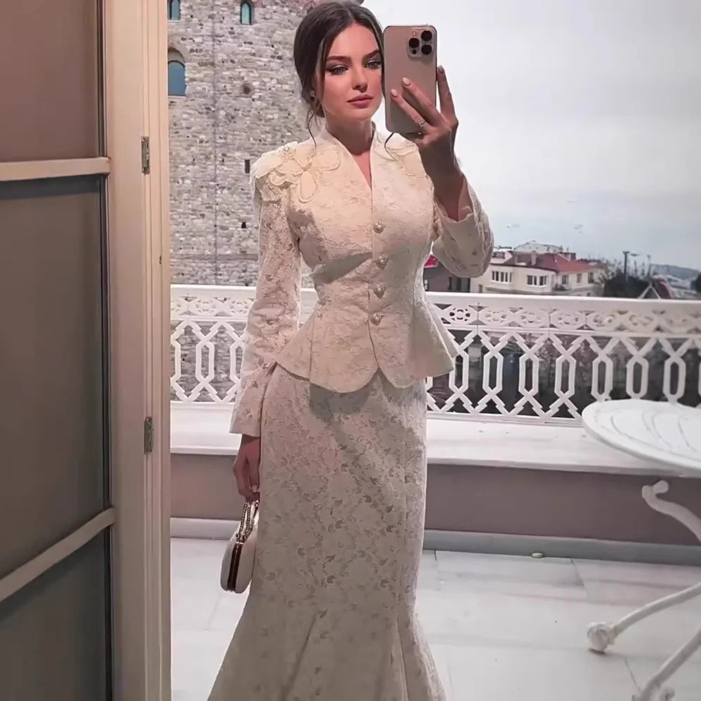 Women Two Piece Sets Skirt Set Full Sleeve V Neck Single Breasted Tops Fishtail Skirts A Line High Waist Elegant Work Vintage