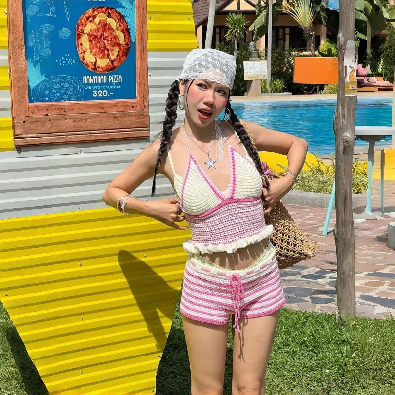 Color Block Crochet Halter Top Shorts Set Cropped Sleeveless 2026 Summer Beach Women Knit Co-ord Chic Sweet Lady Vacation Outfit