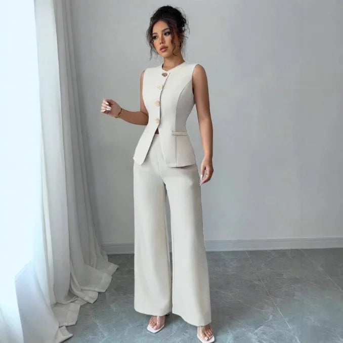 2026 Women's Sleeveless Vest Wide Leg Pants Set Chic Office Wear Two-Piece Smart Casual Round Neck Trousers Suit