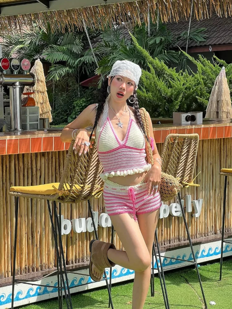 Color Block Crochet Halter Top Shorts Set Cropped Sleeveless 2026 Summer Beach Women Knit Co-ord Chic Sweet Lady Vacation Outfit