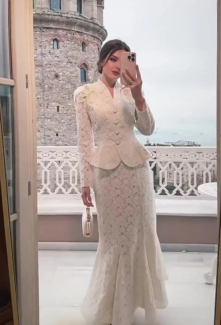 Women Two Piece Sets Skirt Set Full Sleeve V Neck Single Breasted Tops Fishtail Skirts A Line High Waist Elegant Work Vintage