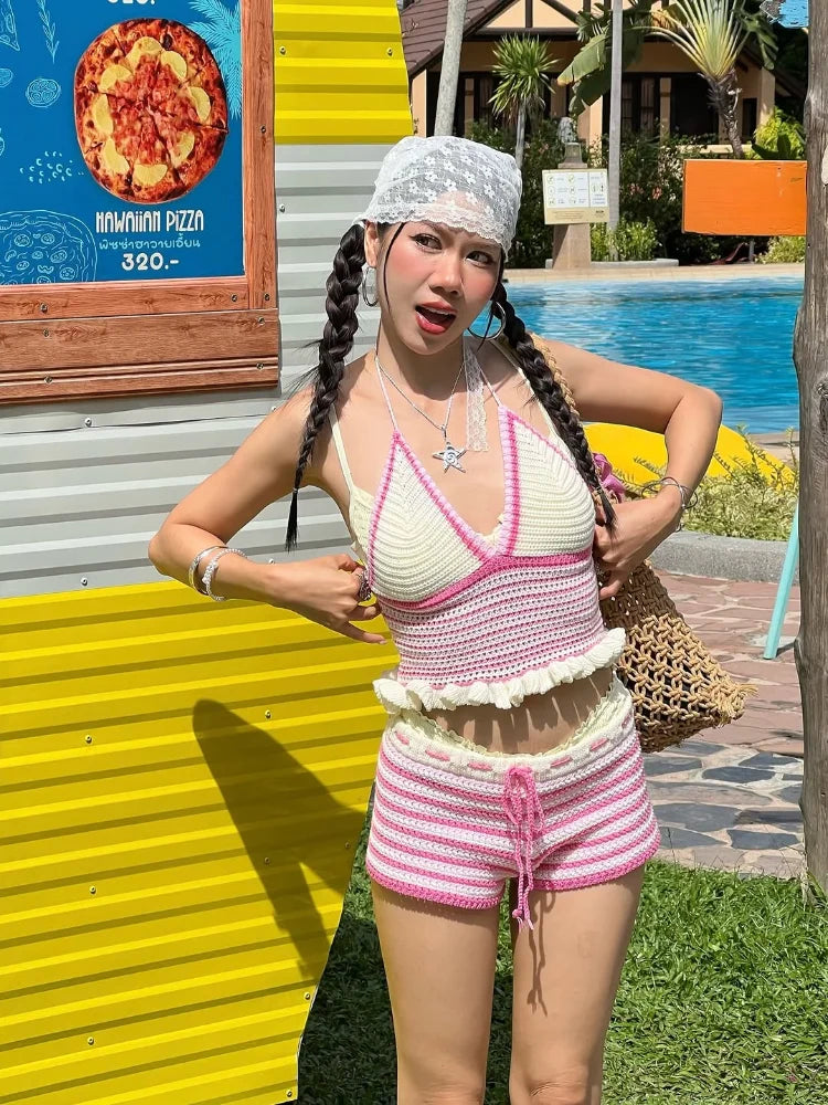 Color Block Crochet Halter Top Shorts Set Cropped Sleeveless 2026 Summer Beach Women Knit Co-ord Chic Sweet Lady Vacation Outfit